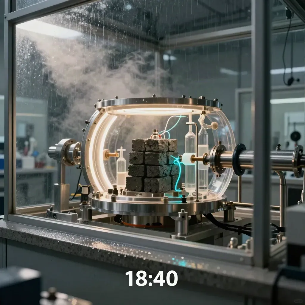 Reattore sperimentale trasparente in sala-lab vetrata, vapore e luce ciano dopo il temporale.