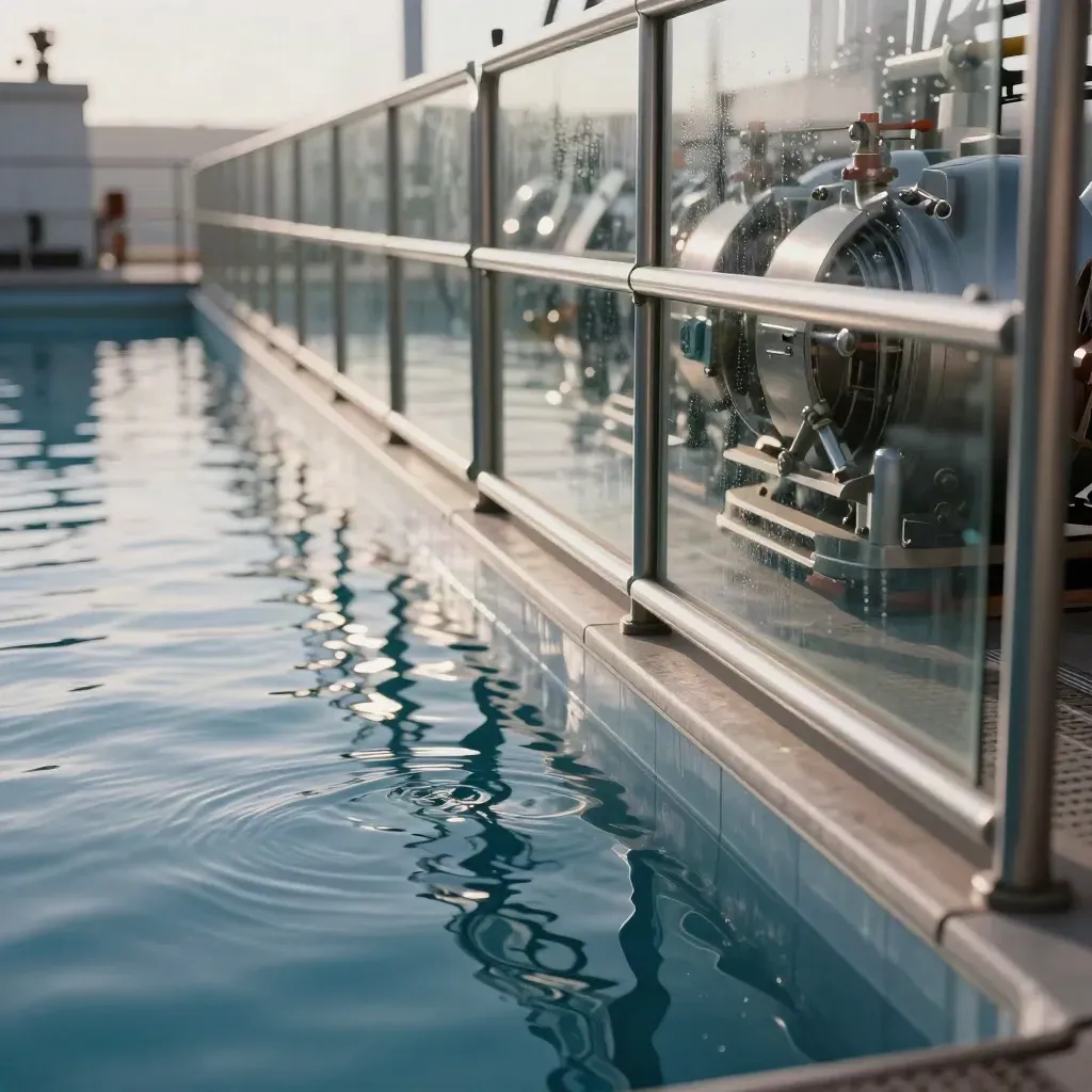 Piscina di un reattore di ricerca vista dal vetro, con riflessi blu e leggere increspature.