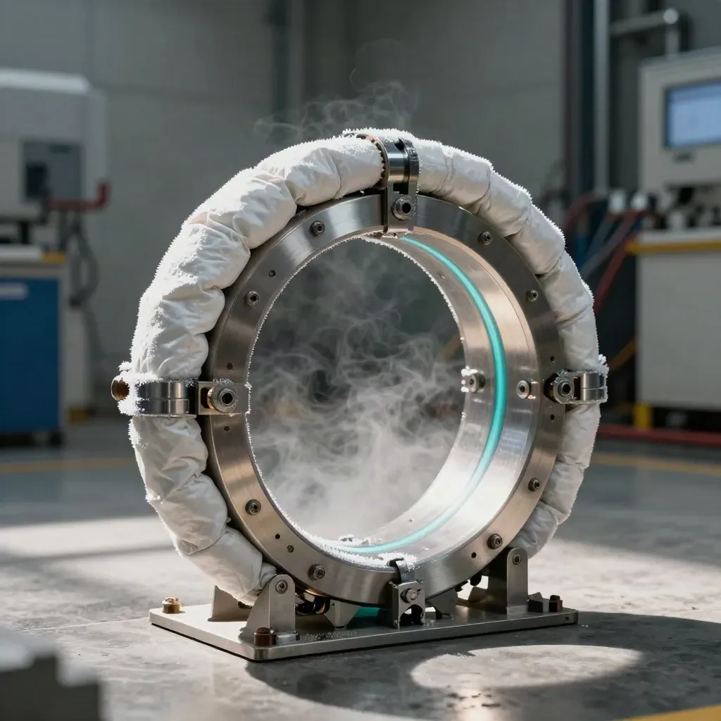 Anello di magneti superconduttori in laboratorio criogenico, brina e vapore freddo, luce ciano.