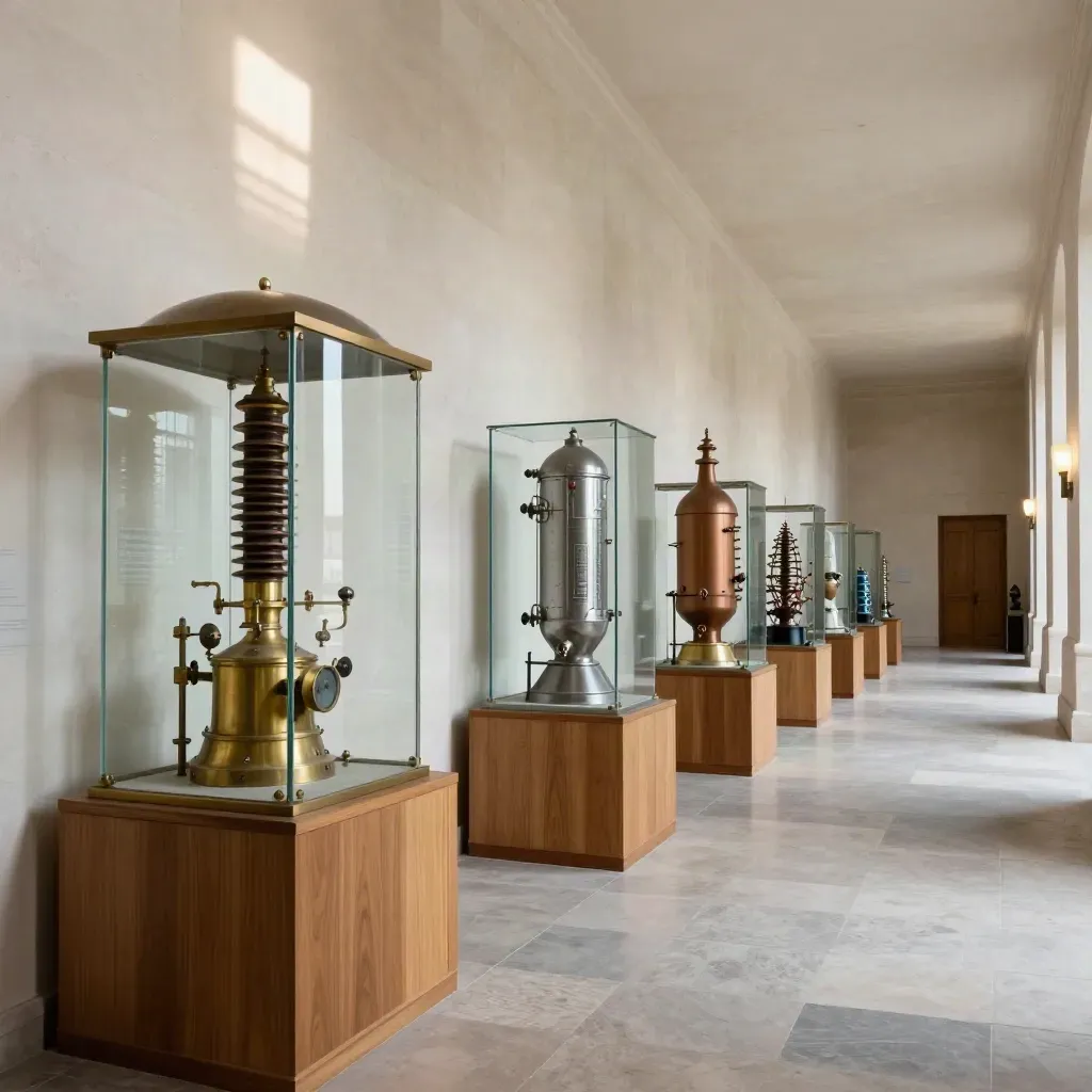 Corridoio museale con reperti della fisica nucleare in sequenza cronologica, luce calda e polvere.