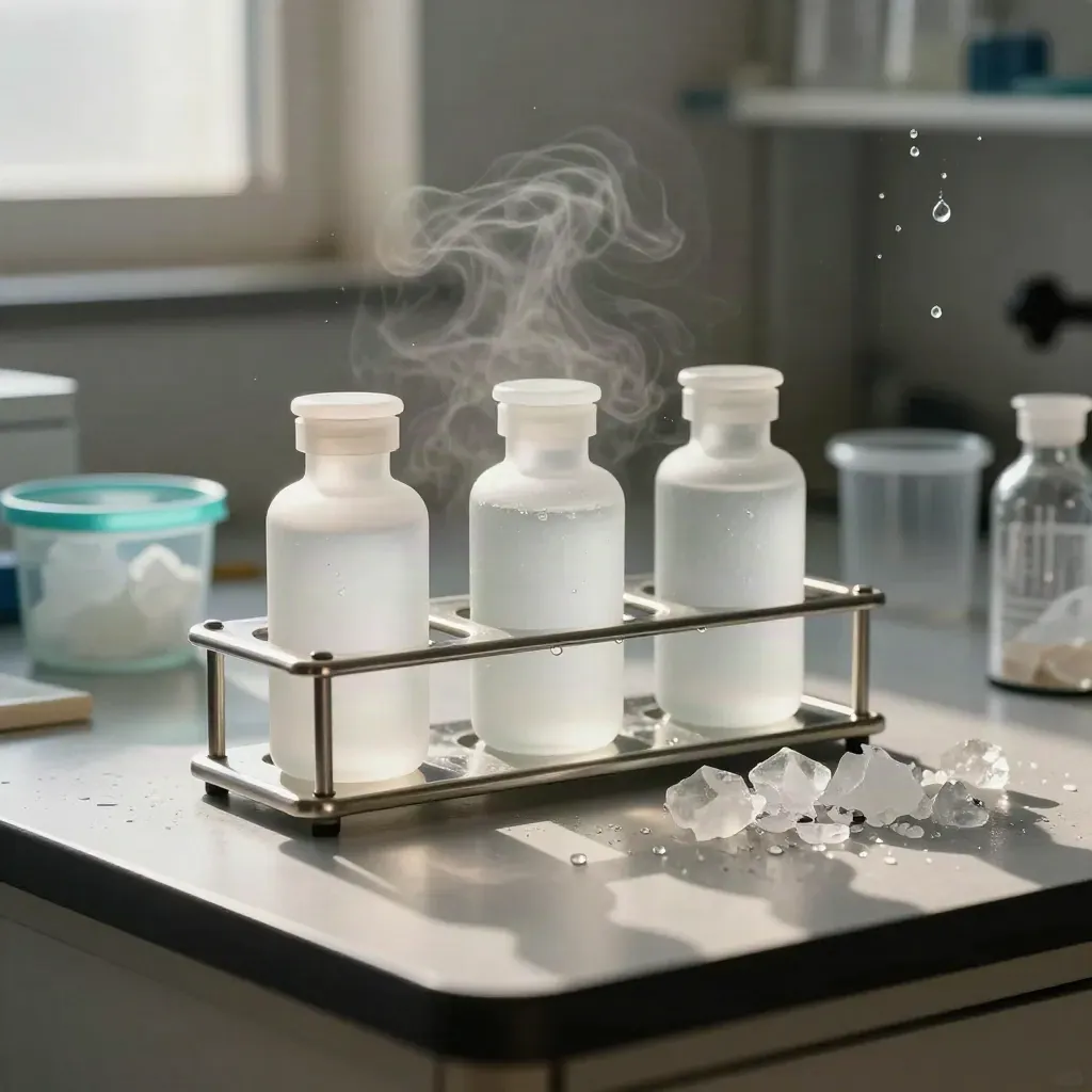 Vialetti isotopici in vetro satinato con vapore freddo e condensa su banco da laboratorio.
