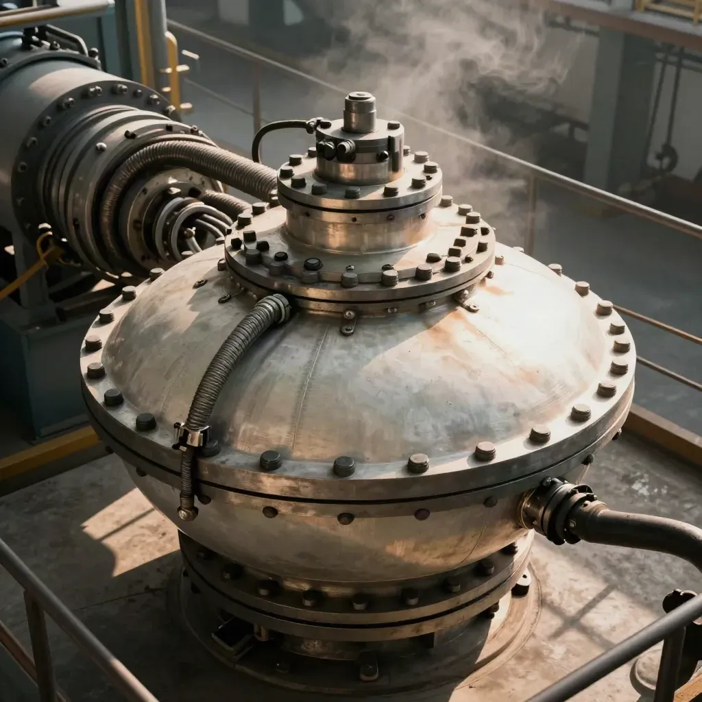 Sommità di un vessel nucleare in manutenzione, con flangia, bulloni e tubi metallici.