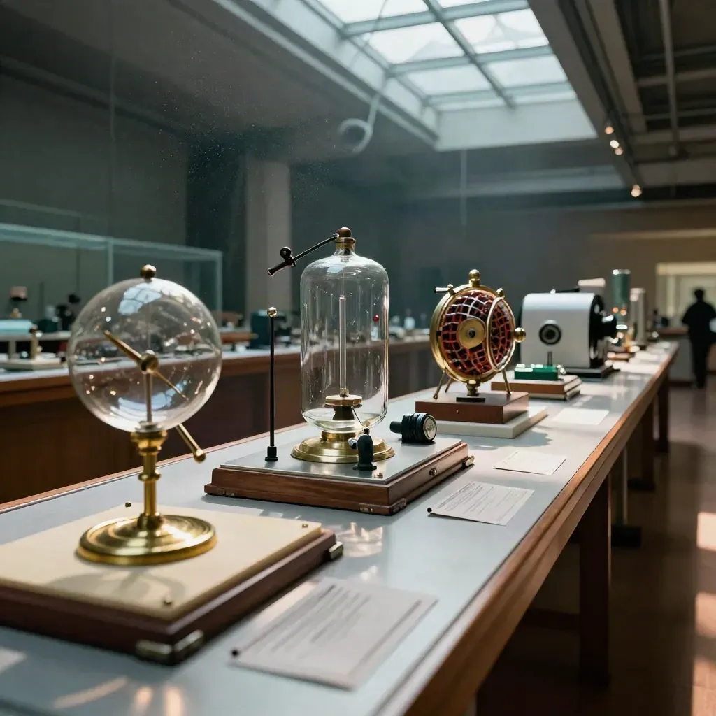 Tavolo museale con reperti di fisica nucleare in sequenza sotto alte vetrate.