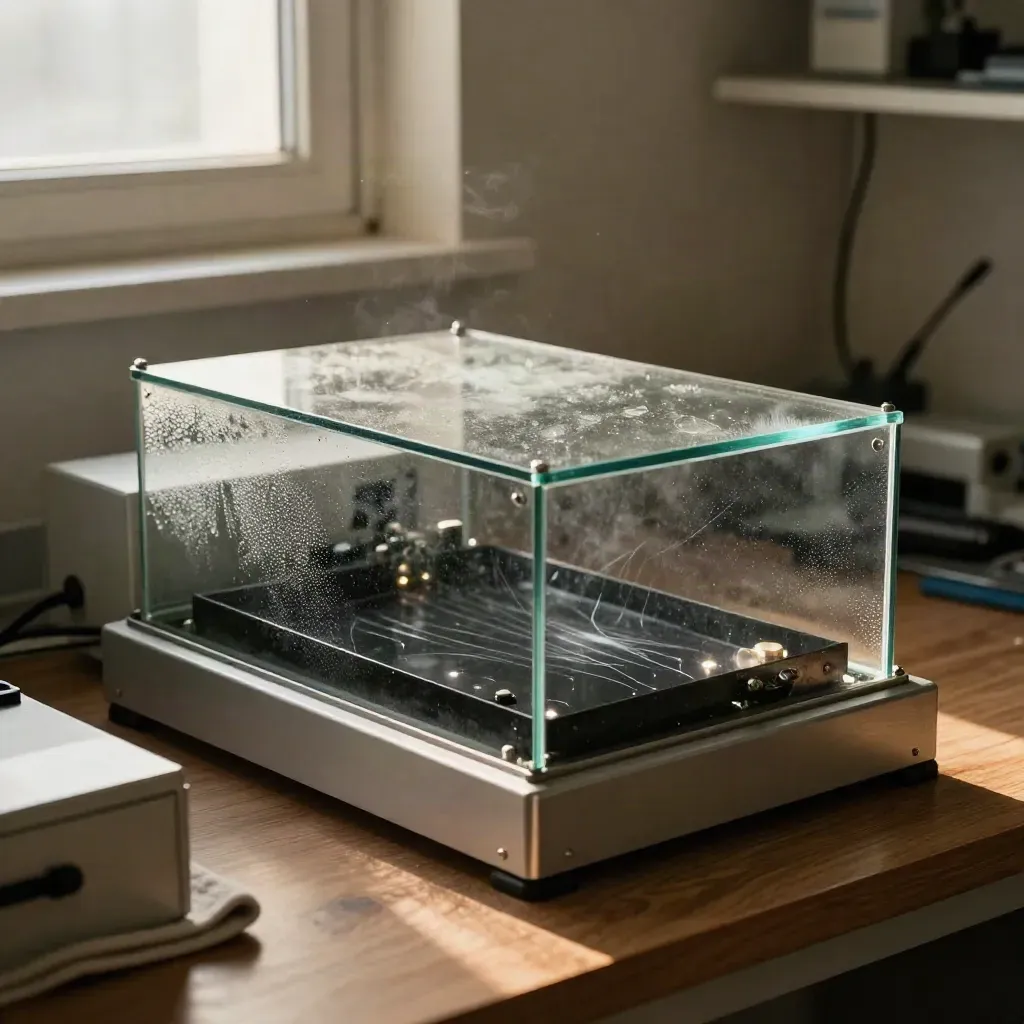 Camera a nebbia in un piccolo laboratorio, tracce di particelle luminose e condensa