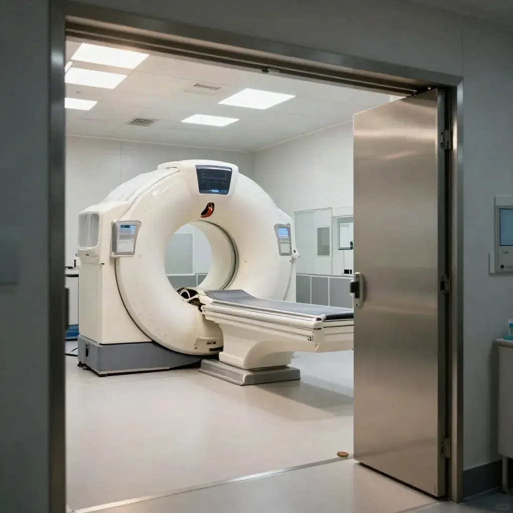 Sala di medicina nucleare vuota con gantry PET/CT in corridoio diagonale
