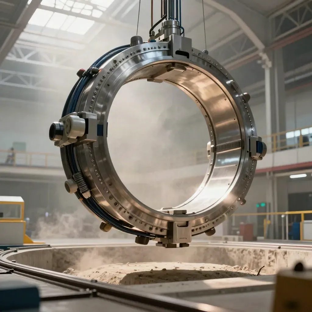 Anello toroidale di un tokamak sospeso in una grande sala industriale, visto dal basso.