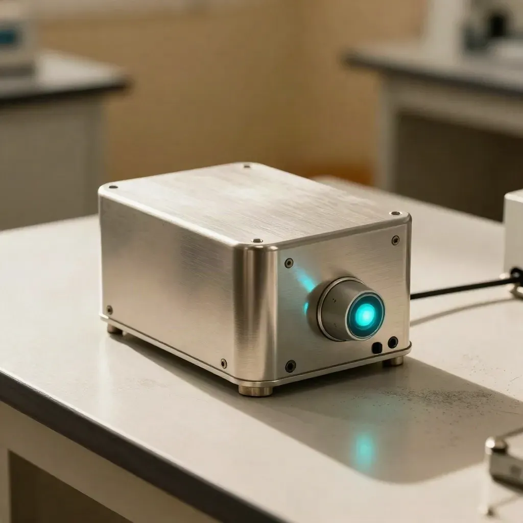 Contenitore schermato e rivelatore analogico su banco chiaro in un laboratorio nucleare