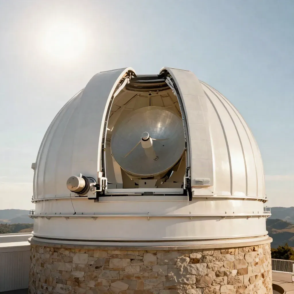 Cupola di osservatorio solare aperta con parabole tecniche e colline all’orizzonte