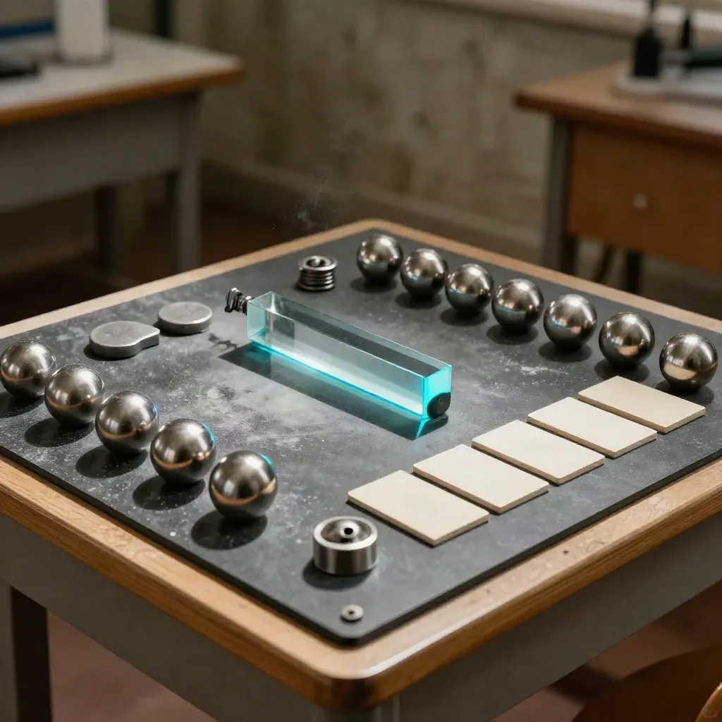 Tavola sperimentale scolastica con sfere metalliche, magneti, molla e prisma su banco scuro.