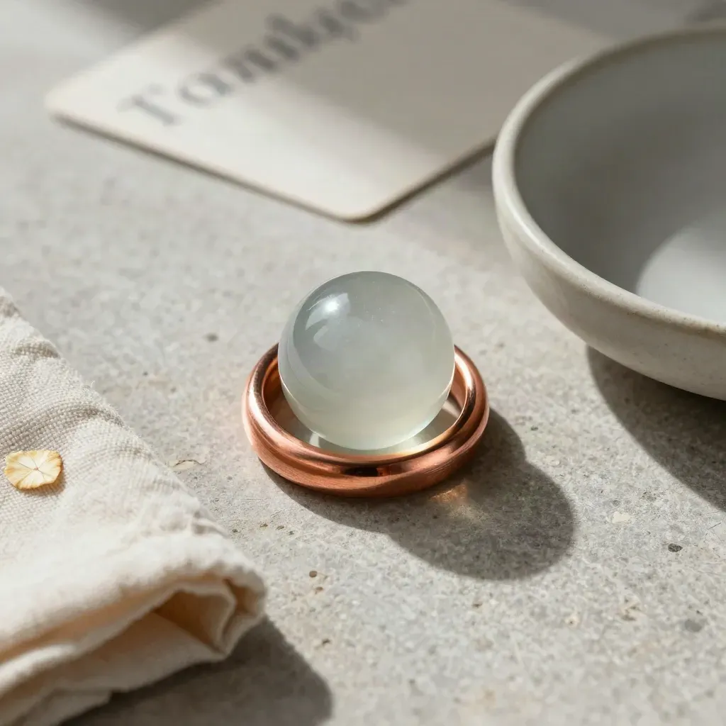 Flatlay dall’alto con anello toroidale in rame, sfera di quarzo, panno piegato e ciotola opaca.