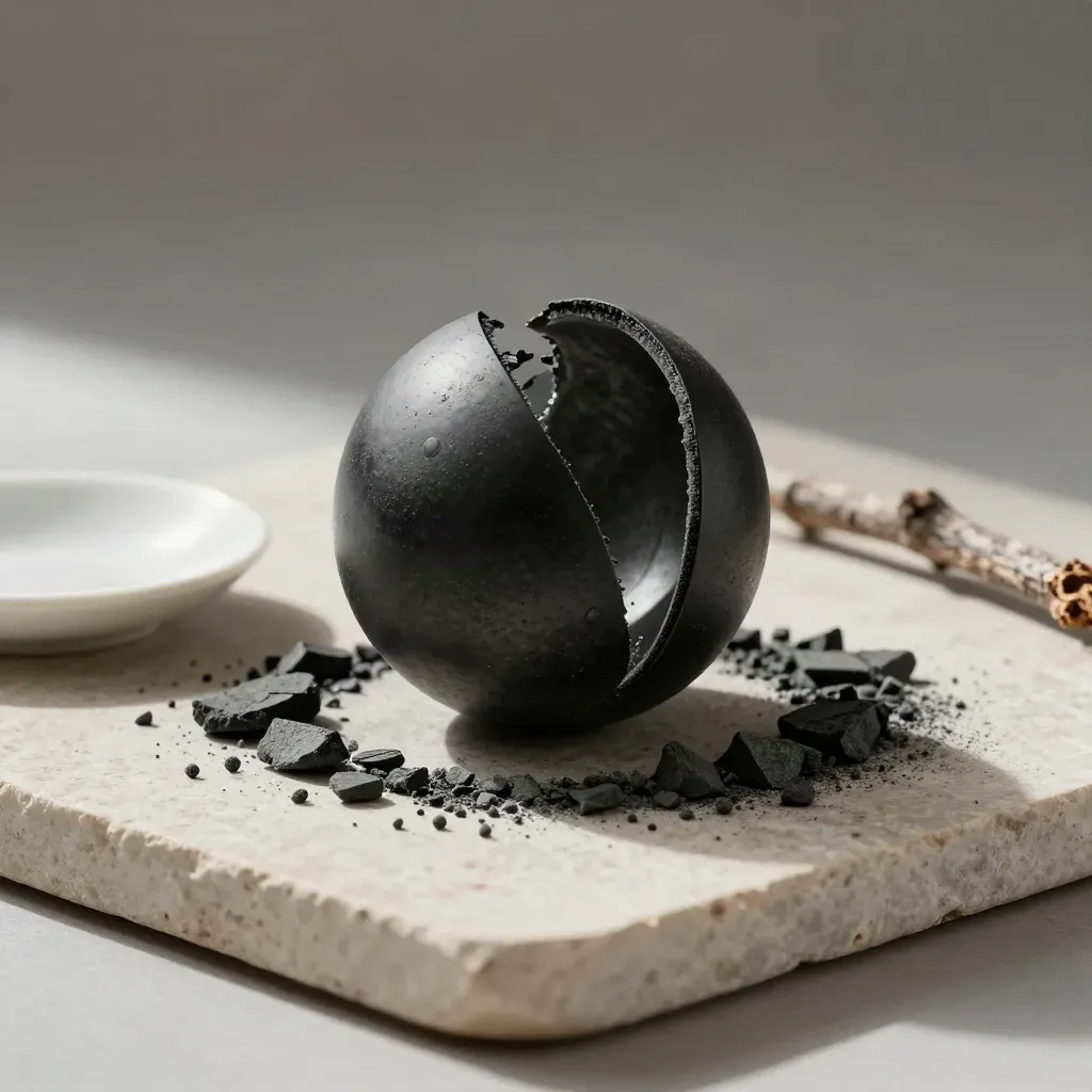 Sfera nera aperta con frammenti di grafite, piattino in ceramica e rametto secco su pietra.
