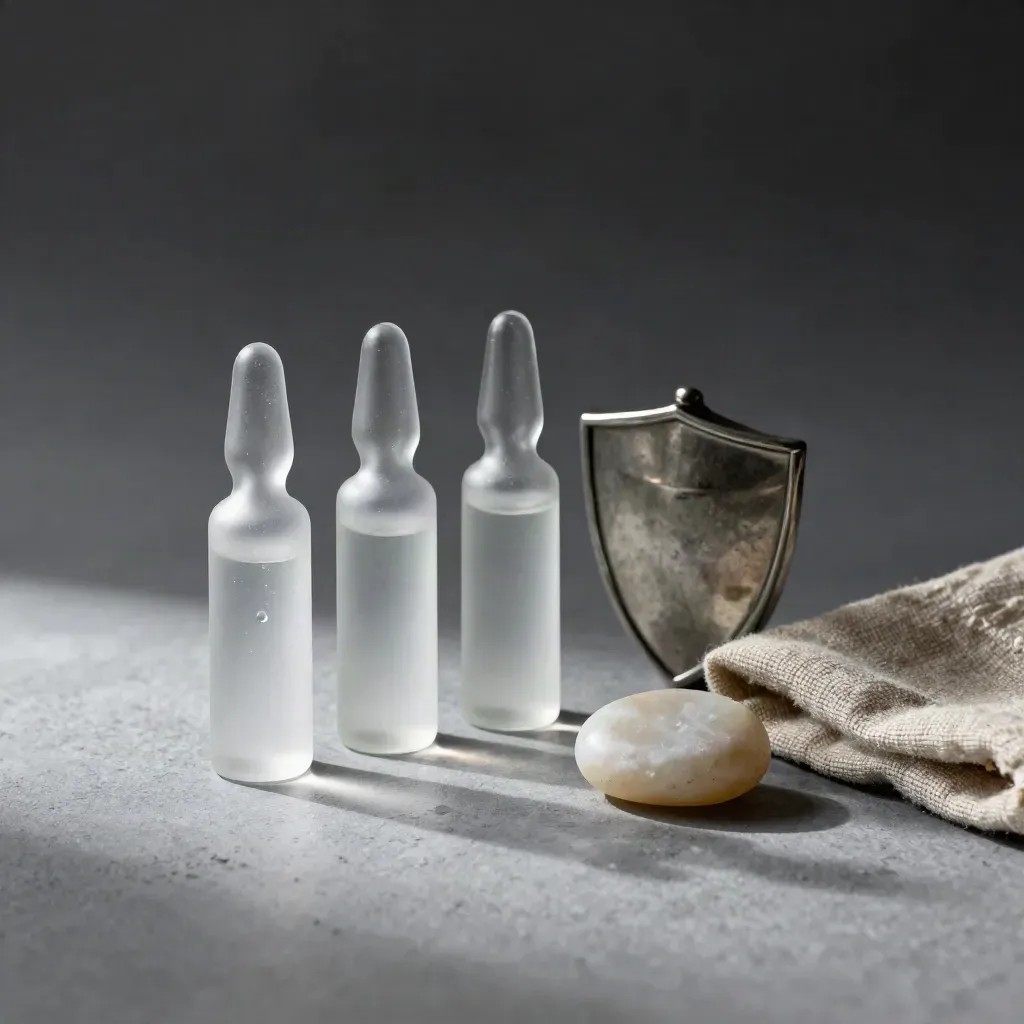 Vials di vetro satinato, contenitore schermato, pietra chiara e lino piegato su fondo chiaro.